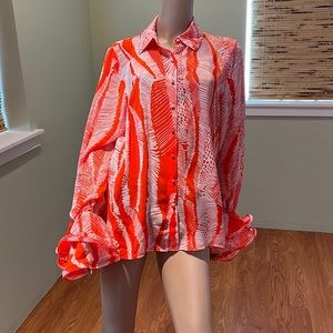 Alexie Gorgeous Blouse In Orange Red And White Print With Bell Cuffs Size M
